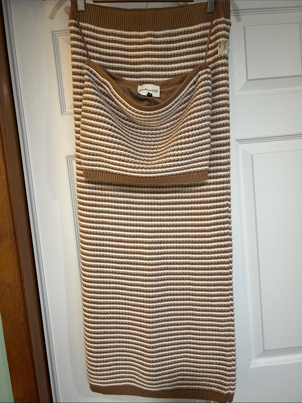 Freshman 1996 Striped Cowl-Neck Crochet 2 Piece Tube Top/Skirt in Brown & Cream